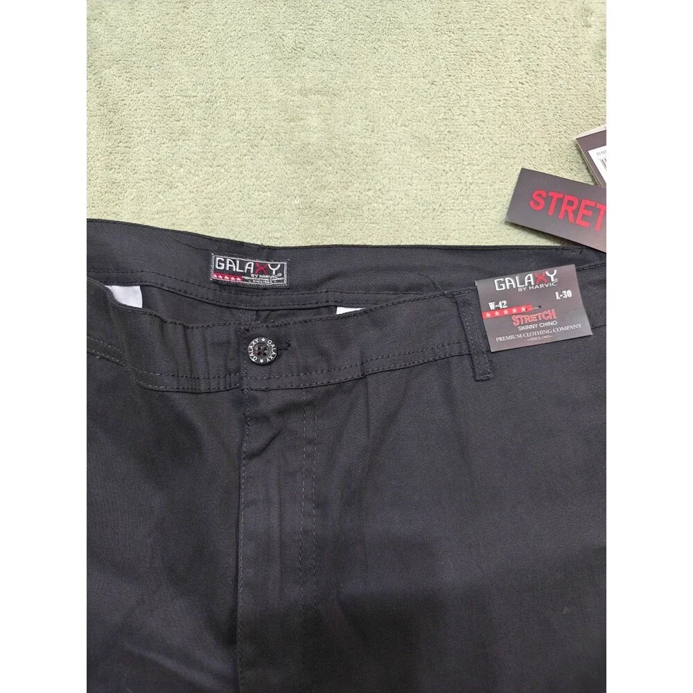 Galaxy by Harvic Mens Chino Pants NWT W42 L30 Black Stretch Skinny Trousers New